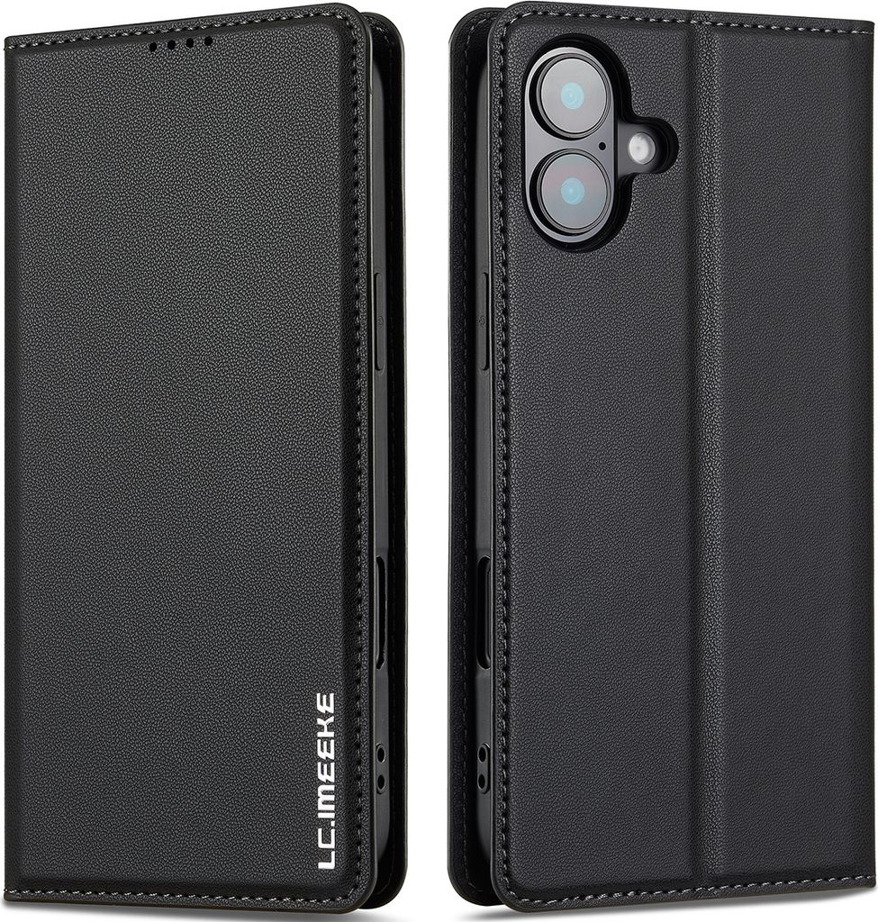 Handyhülle für iPhone 16, Magnetische Flip Leder Hülle mit Kartenfach und Standfunktion Schwarz
