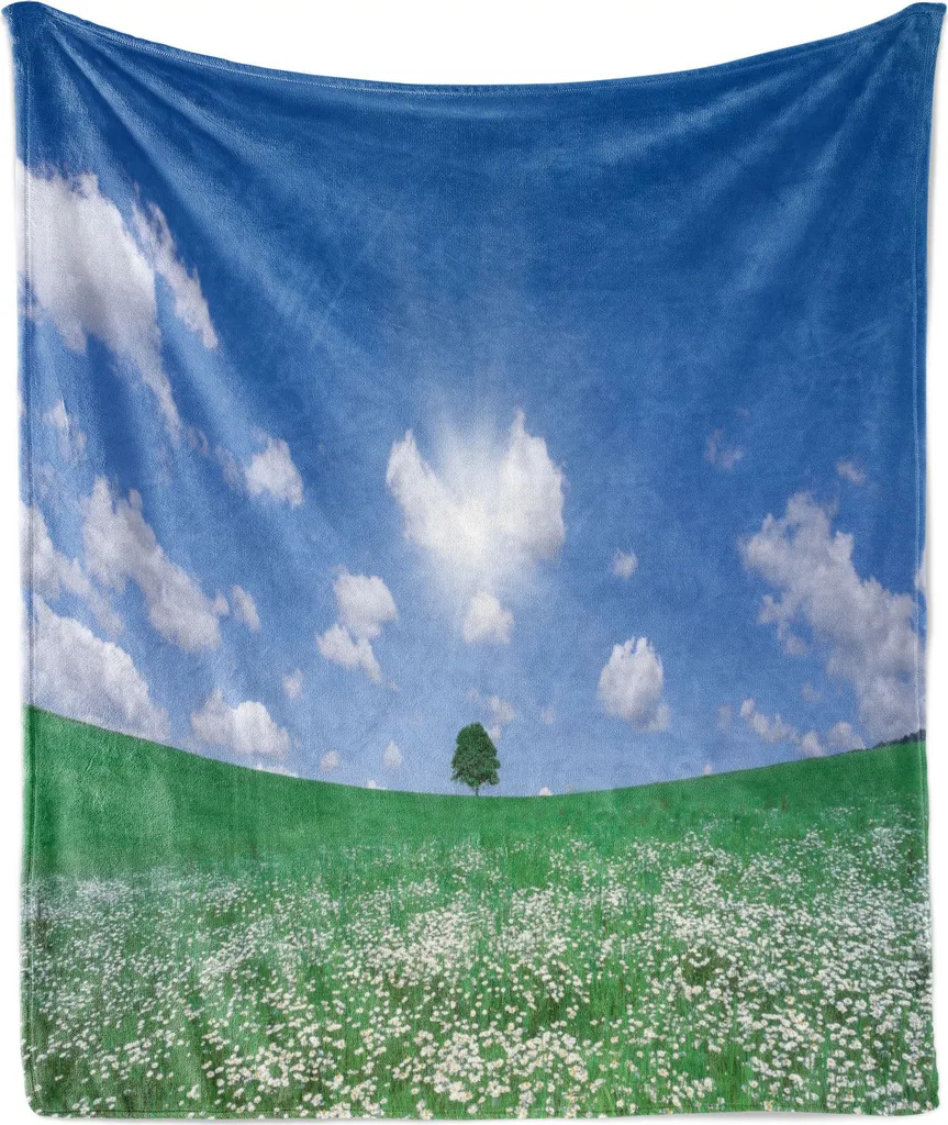 ABAKUHAUS Cielo blu Morbida coperta in pile di flanella, prato fiorito, comodo peluche per interni ed esterni, 125 x 175 cm, verde bosco blu mare