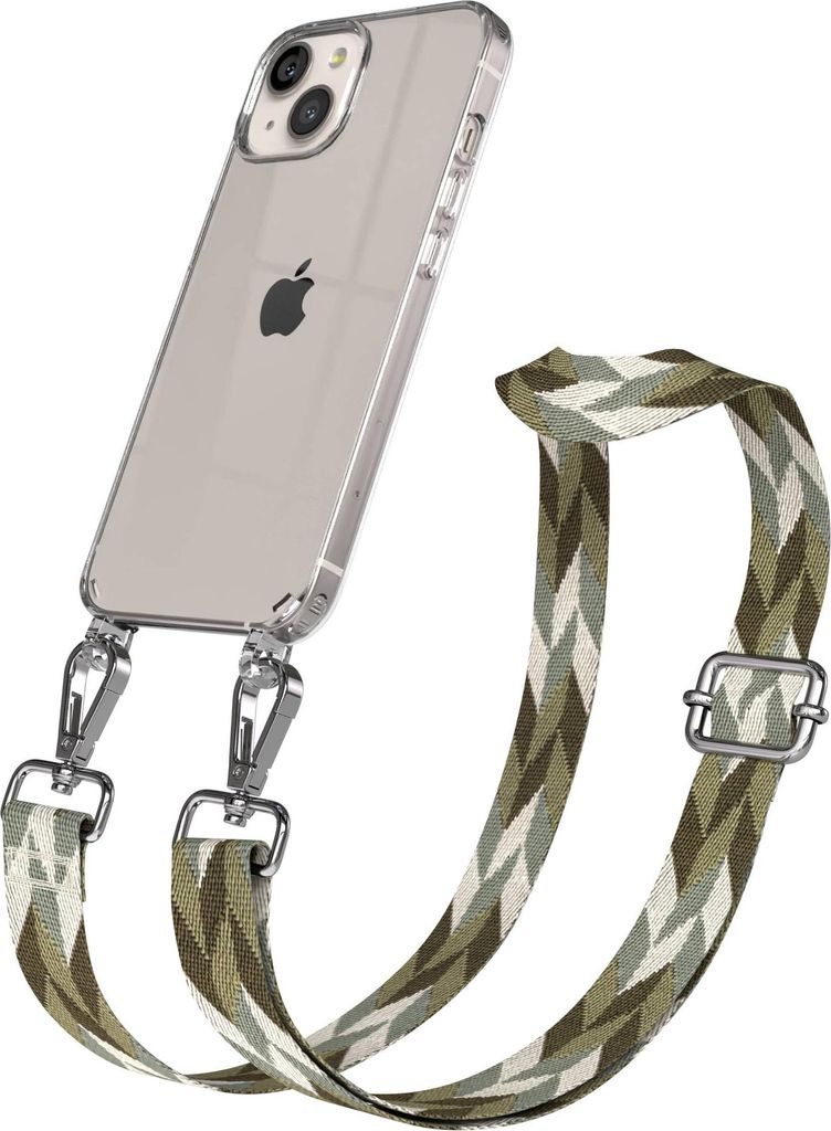 EAZY CASE Handykette - Verstellbarer Trageriemen kompatibel mit Apple iPhone 13, Handykordel mit transparenter Silikon-Hülle, Karabiner Silber, Mi...