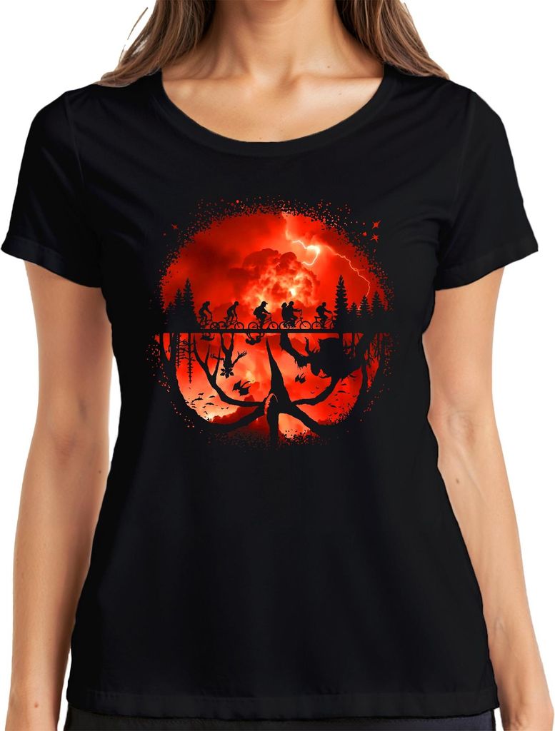 Upside Down Kinder auf Fahrrädern Monster Horror 80er Retro Damen T-Shirt, Schwarz, 3XL
