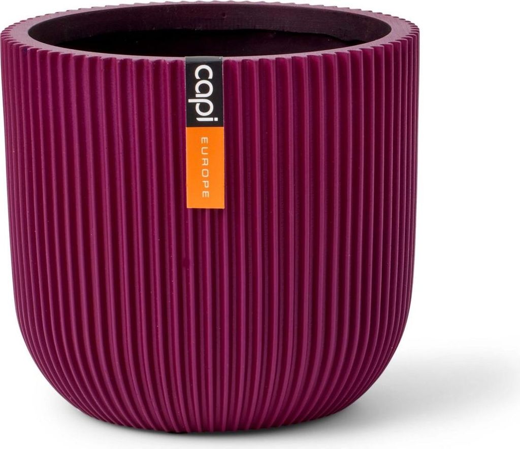 A purple ribbed planter pot with a label.