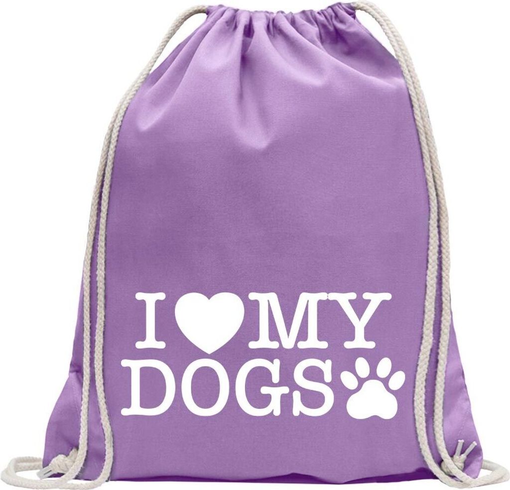 Kiwistar - Turnbeutel - lavendel - I love my dogs - Fun Rucksack Sport Beutel Gymsack Baumwolle mit Ziehgurt