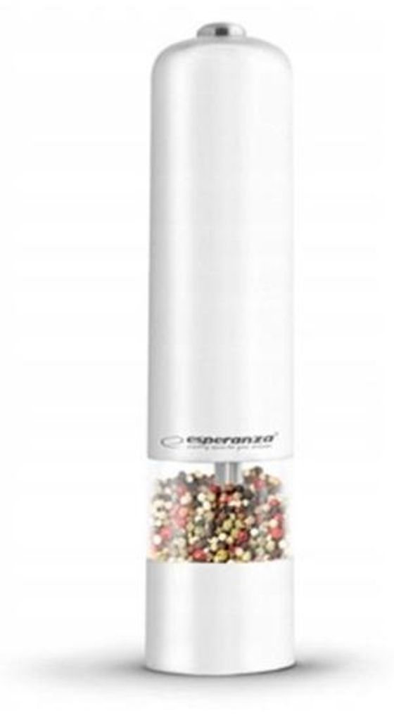 A white electric pepper grinder filled with peppercorns.