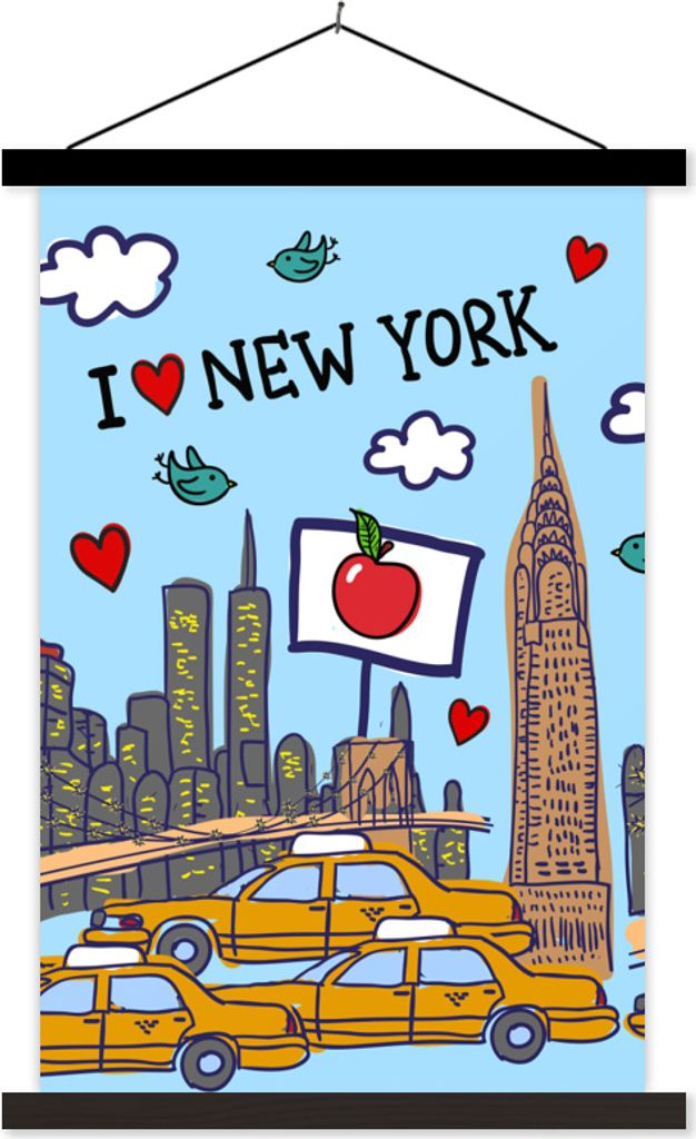 MuchoWow Textilposter New York - Zeichnung - Taxi 40x60 cm mit schwarzem Rahmen - Wanddekorationen