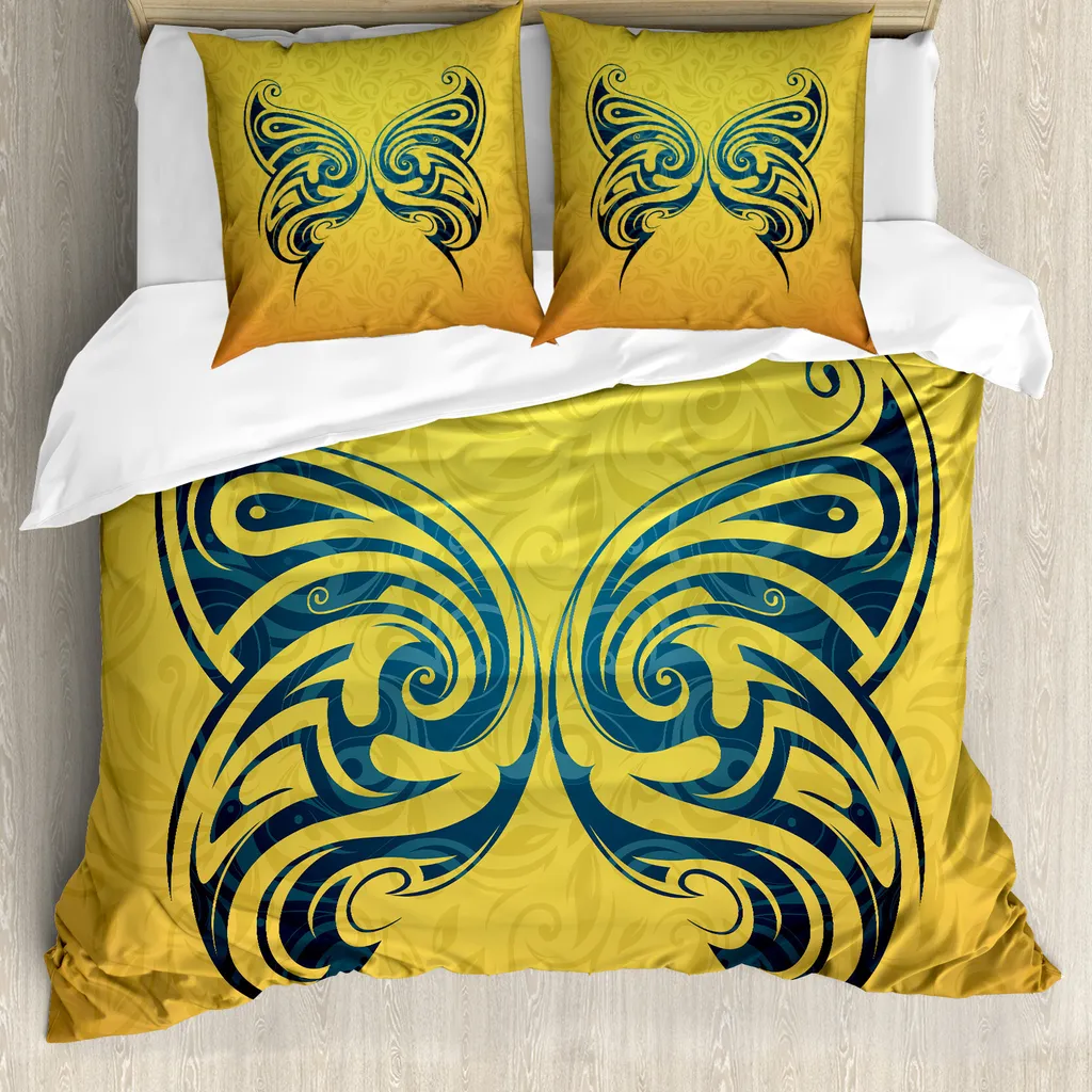 ABAKUHAUS Copripiumino con tatuaggi, disegno tribale farfalla, antiacaro, adatto a chi soffre di allergie, con federe, 200 cm x 200 cm - 80 x 80 cm, blu e giallo