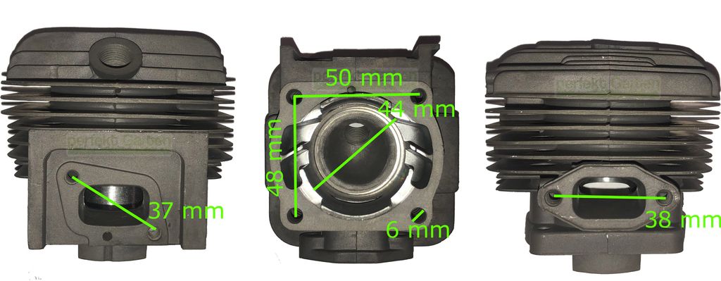 Three views of a gray metal engine cylinder with dimensions indicated by green lines and text.