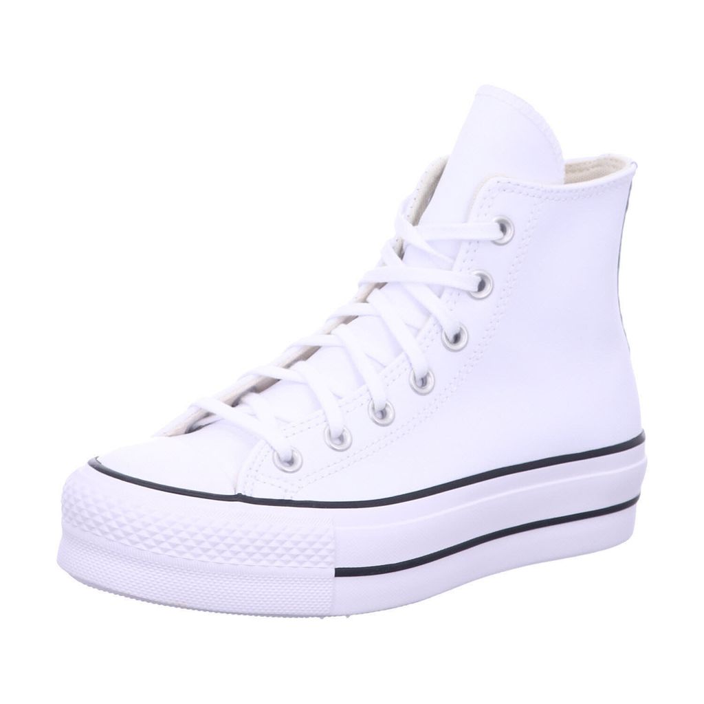 A white Converse high-top sneaker with a platform sole is shown against a white background.