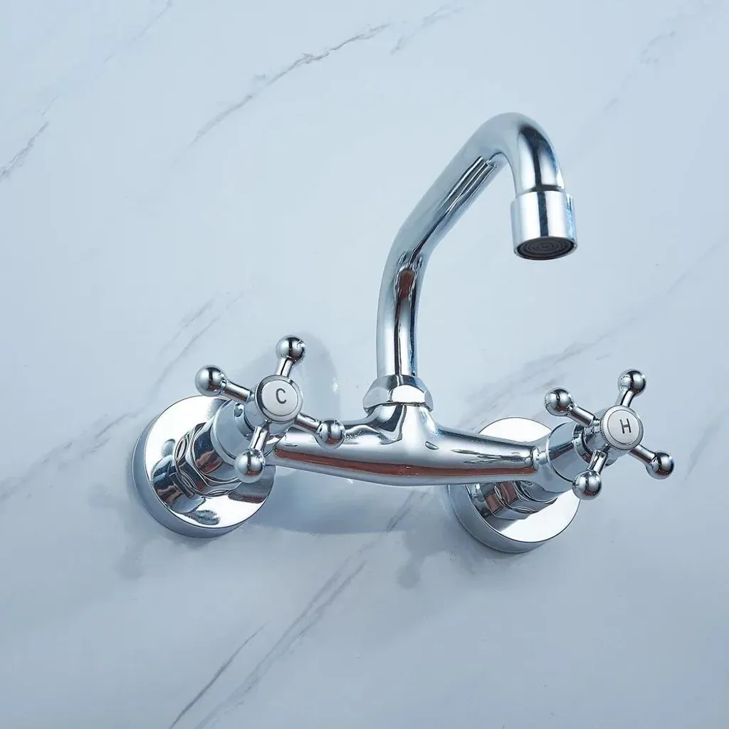 Miscelatore Lavello Parete Argento | Rubinetto Cucina Classico Ottone - 2