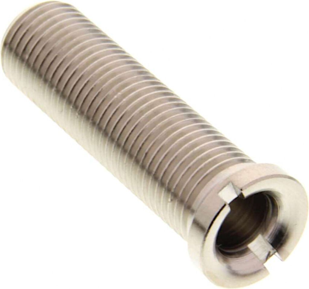 A close-up, studio shot of a metal threaded component.