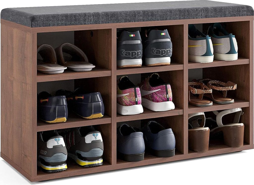 KOMTO Schuhbank mit Sitzfläche - Schuhregal Schuhschrank mit Sitzbank Flur Bank mit Stauraum Garderobenbank Sofia 80 x 50 x 30 cm Nussbaum