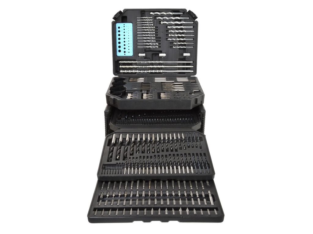 A black carrying case with multiple compartments filled with drill bits and other tools, presented in an open state.
