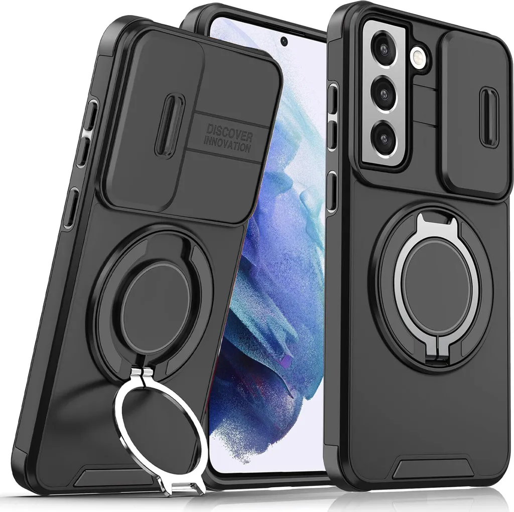 Custodia a doppio strato per Samsung Galaxy S21 5G, con copertura scorrevole della fotocamera e supporto magnetico ad anello Nero