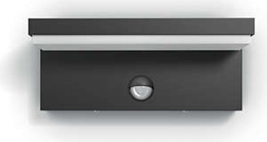 A modern, dark gray outdoor wall light with a white accent strip and a motion sensor.