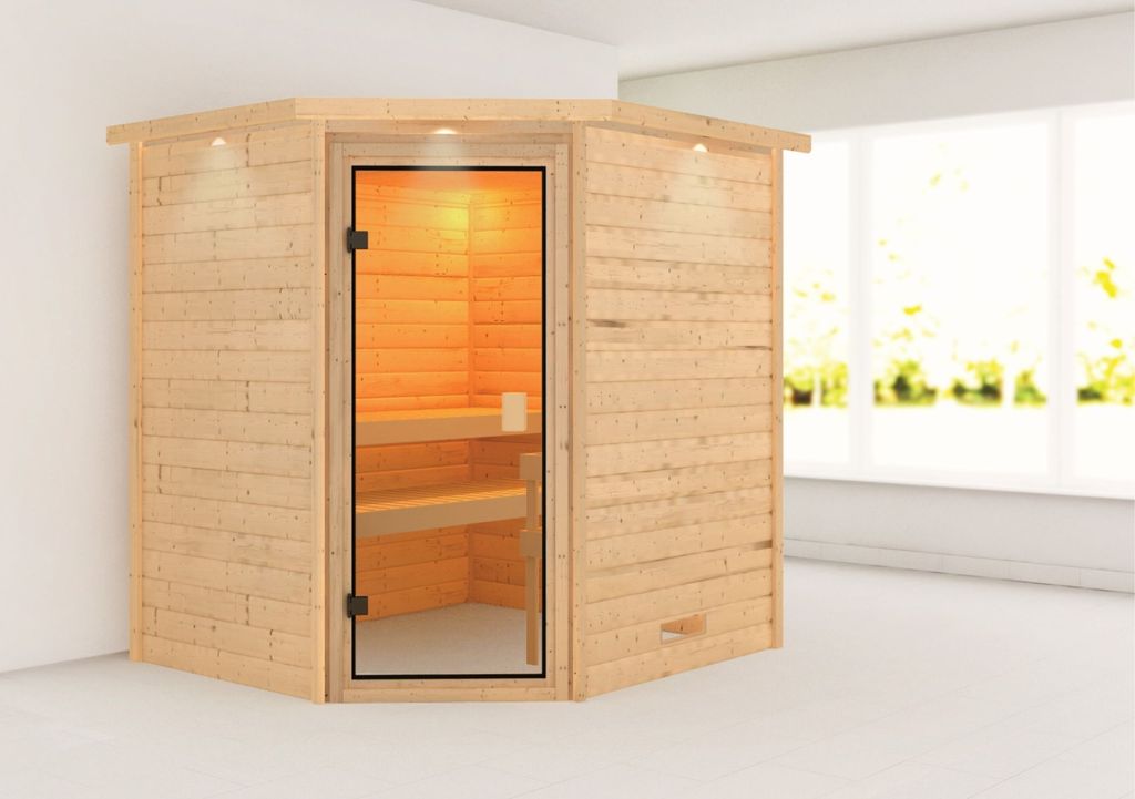 Karibu Sauna Innensauna Elea Eckeinstieg ohne Zubehör 224x184x191 cm mit Dachkranz