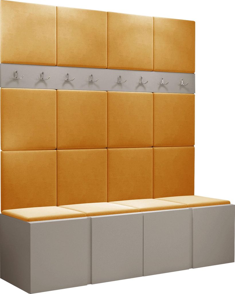 MIRJAN24 Garderoben-Set Orion V, Garderobe mit Sitzbank mit 16 x Wandpanel 42x42 (Farbe: Cashmere, Manila 32)