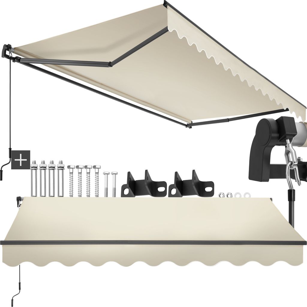 A cream-colored retractable awning with black metal framing and mounting hardware is displayed against a white background.
