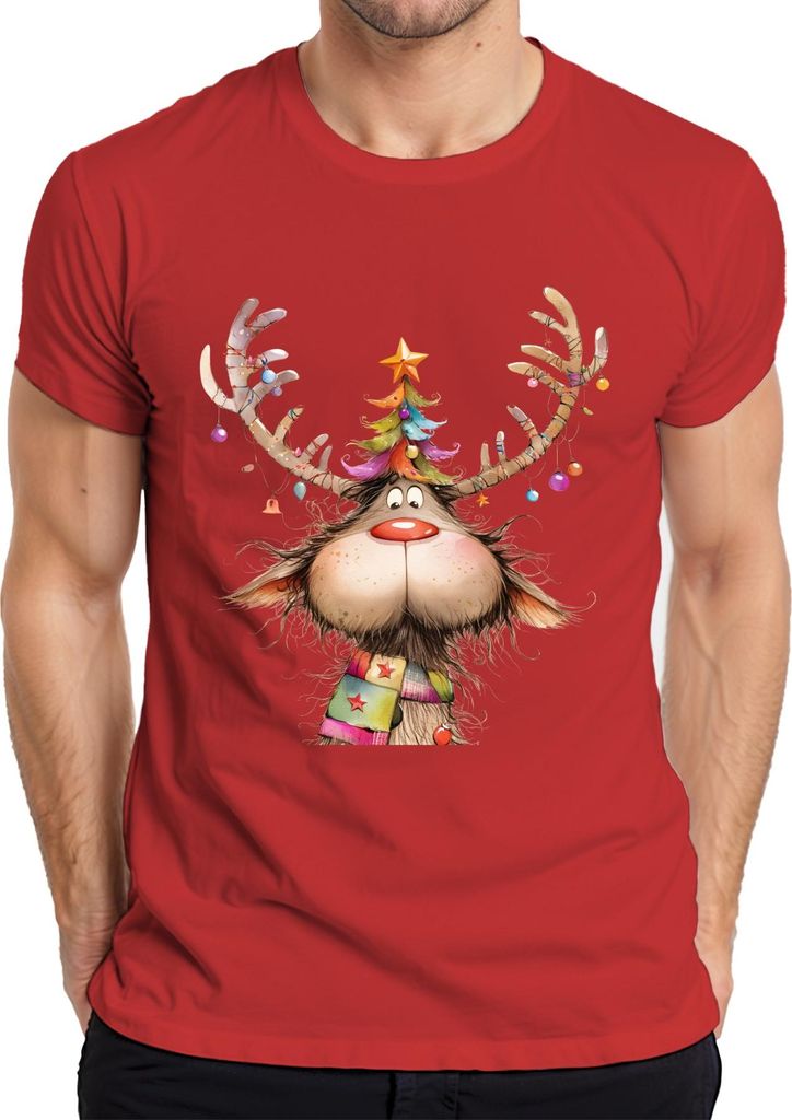 Lustiges Rentier Weihnachtsbaum Geweih bunte Kugeln Schal Herren T-Shirt, Rot, XXL