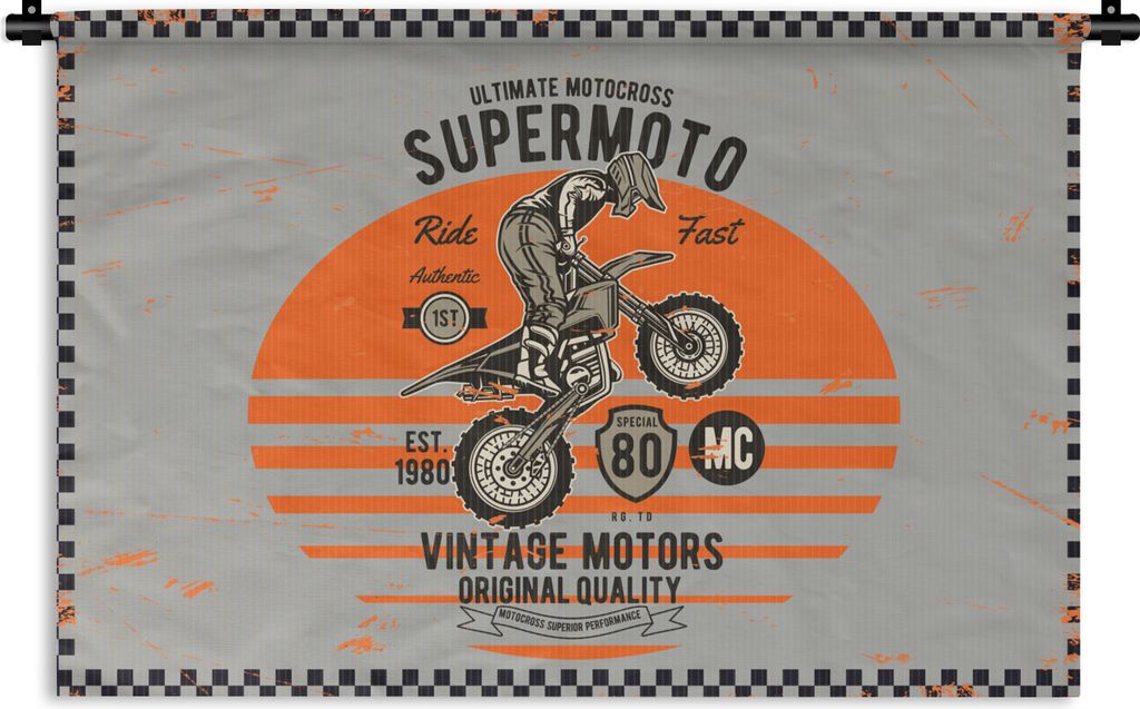 MuchoWow Wandteppich Wandbehang Mancave - Motorrad - Vintage - Orange - Grau 150x100 cm Tapisserie Dekoration Wandtuch - Waschbar - Tapisserien -...