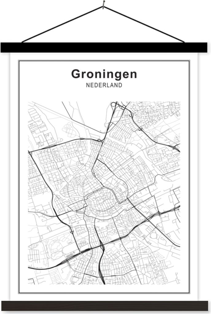 MuchoWow Textilposter Stadtplan - Groningen - Schwarz und weiß 120x160 cm mit schwarzem Rahmen - Magnetischer