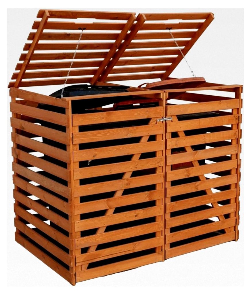 Mülltonnenbox aus Holz für 2 Mülltonnen – Wetterfeste Abdeckung für 2×120–240 L, mit Deckel und Türen, Unterstand für Garten und Einfahrt