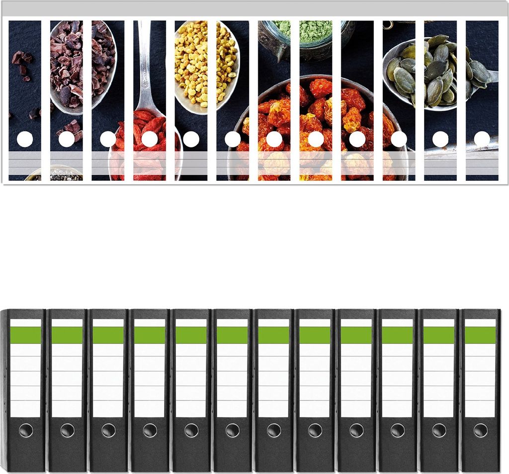 Wallario 12 Stück breite Ordner inkl. Klebeetiketten mit Motive Gesunde Superfoods in Töpfen - Set mit Rückenschildern / Ordnerrücken Stickern