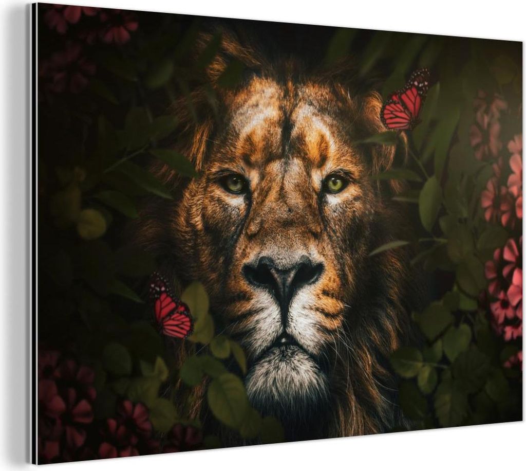 MuchoWow Wanddekoration Metall Metallbild Wandkunst 60x40 cm Dschungel - Löwe - Schmetterling - Blumen MuchoWow Aluminium Gemälde - Gemälder