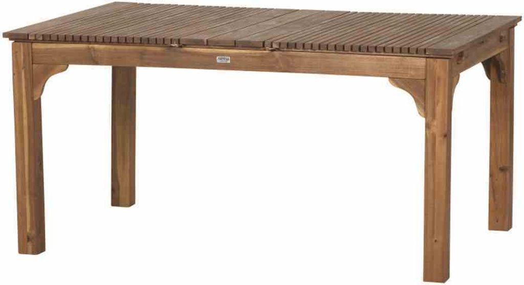 A wooden dining table with a slatted top and four legs, shown from a front-facing angle against a white background.