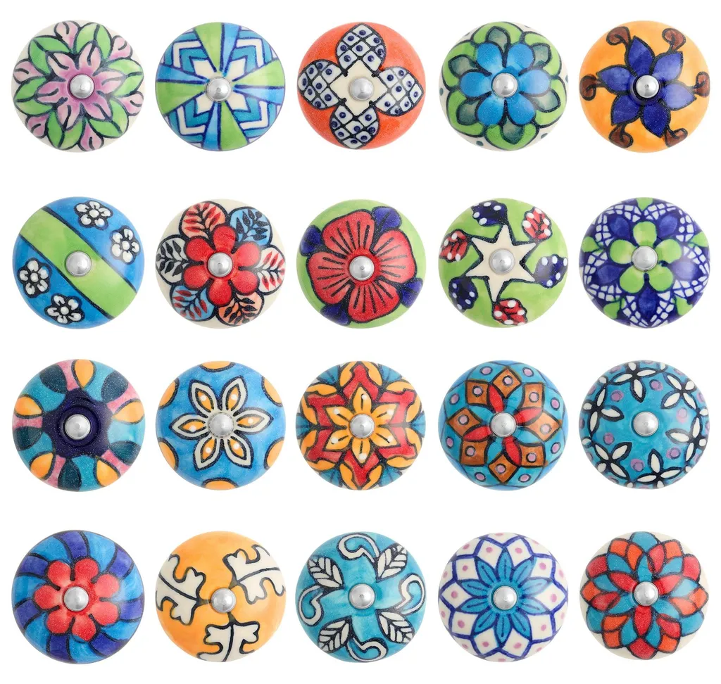 Boutons de meubles en céramique vintage blancs et colorés pour buffet