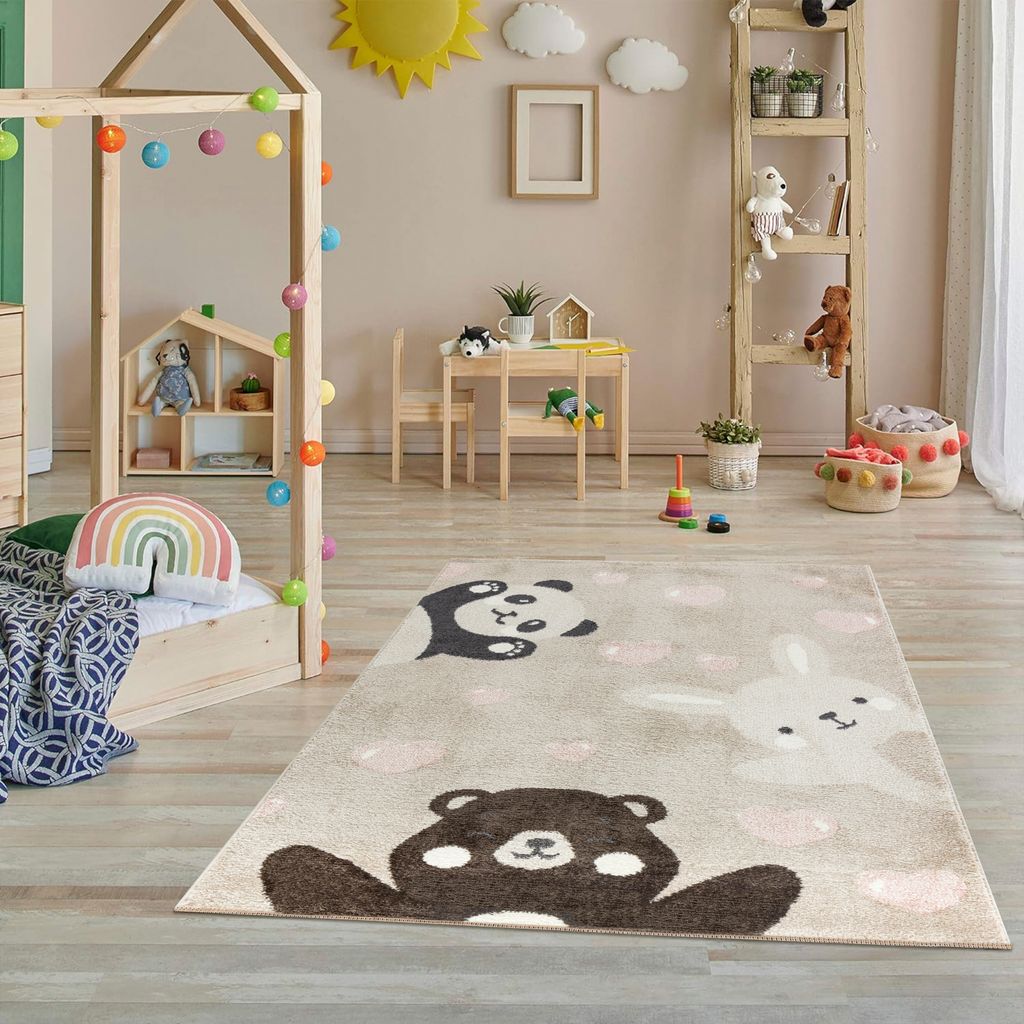 Kinderteppich Bär Panda Hase Teppich für Kinderzimmer Pastellfarben Schadstofffrei Größe: 80 x 150 cm, Beige
