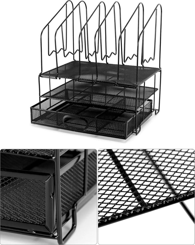 Allecto plus - Mesh Büro-Organizer mit Schublade und 6 vertikalen Ständern, schwarz - Aufbewahrungsbox für Büroartikel