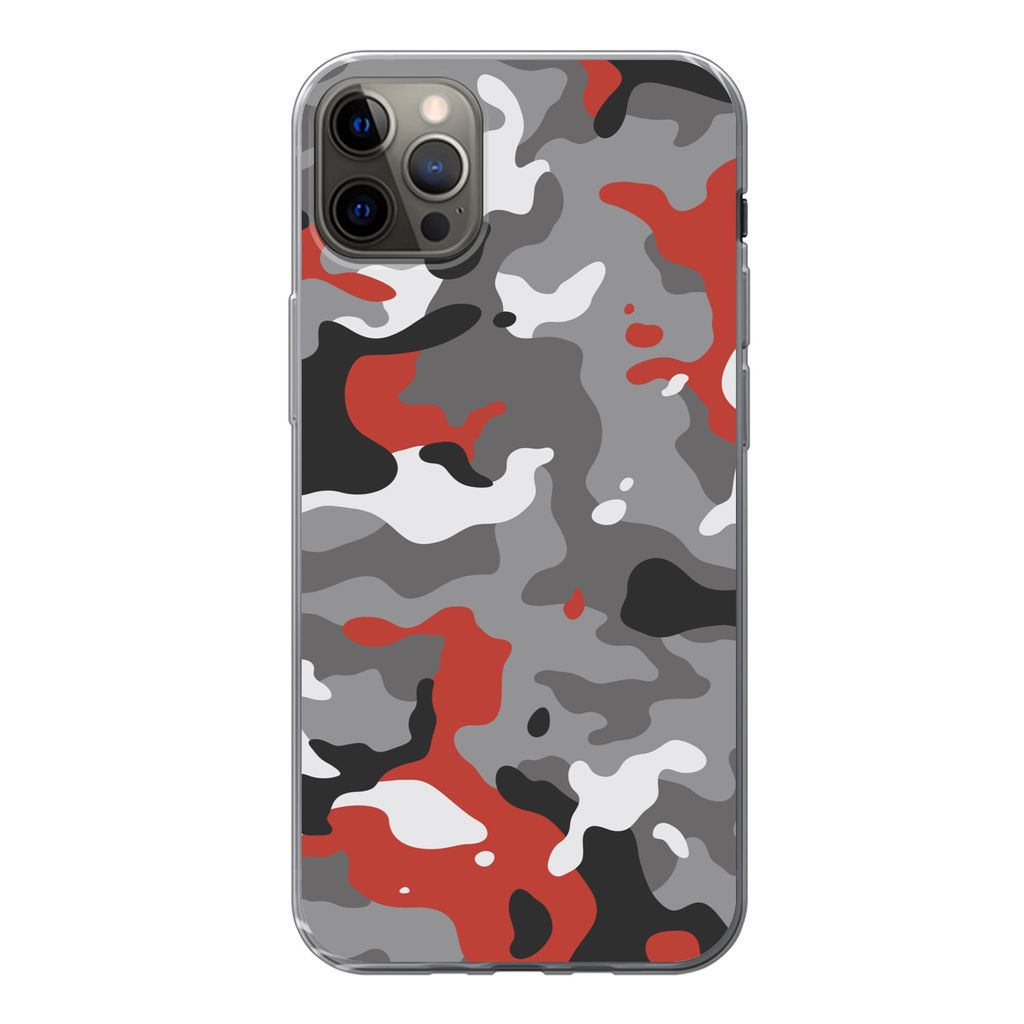 MuchoWow Handyhülle Schutzhülle Hülle für iPhone 12 Pro Max Camouflage-Muster mit roten Akzenten Silikon Softcase Handy Hülle - Hartschale -...