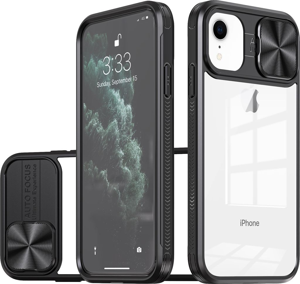 Hülle für iPhone XR Transparent TPU Bumper Schutzhülle mit Schiebe Kamera Schutz Schwarz
