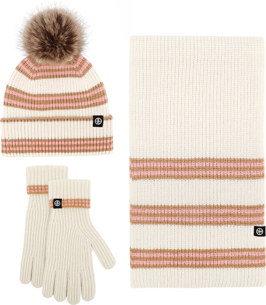 3-teiliges Set mit Wintermütze, Schal und Handschuhen für Damen und Herren, dicker Plüsch, Balldekor, gestreifte gestrickte warme Mütze, Handsc...