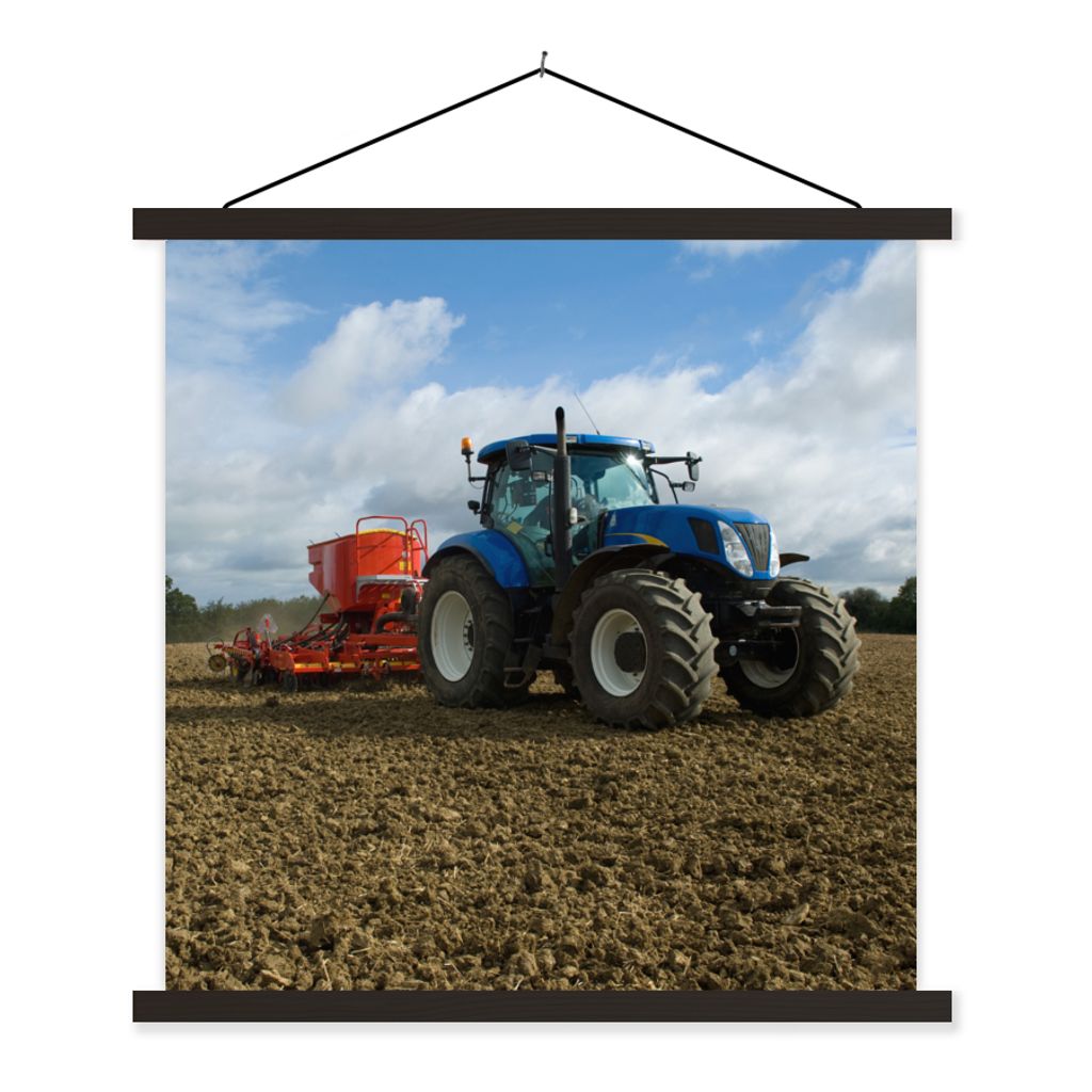 MuchoWow Textilposter Traktor - Blau - Landleben - Wolken 90x90 cm mit schwarzem Rahmen - Magnetisches