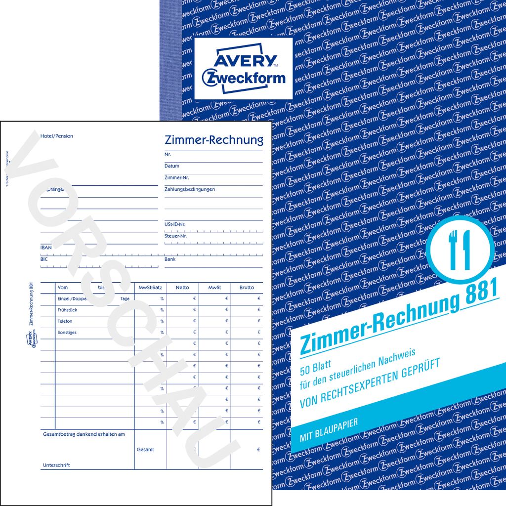 Avery Zweckform 881, Zimmerrechnung, A5, mit Blaupapier, 50 Produktbild 