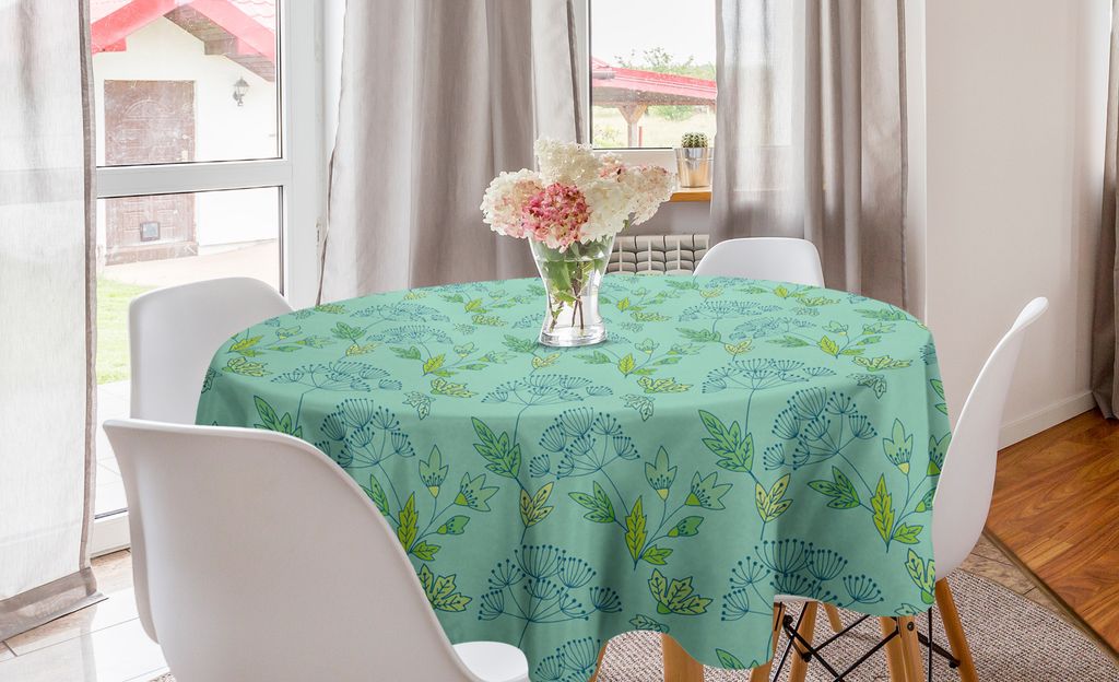 ABAKUHAUS Garten Runde Tischdecke, Blühend Blumen Laub, Kreis Tischdecke Abdeckung für Esszimmer Küche Dekoration, 150 cm, Seafoam Dunkelblau un...