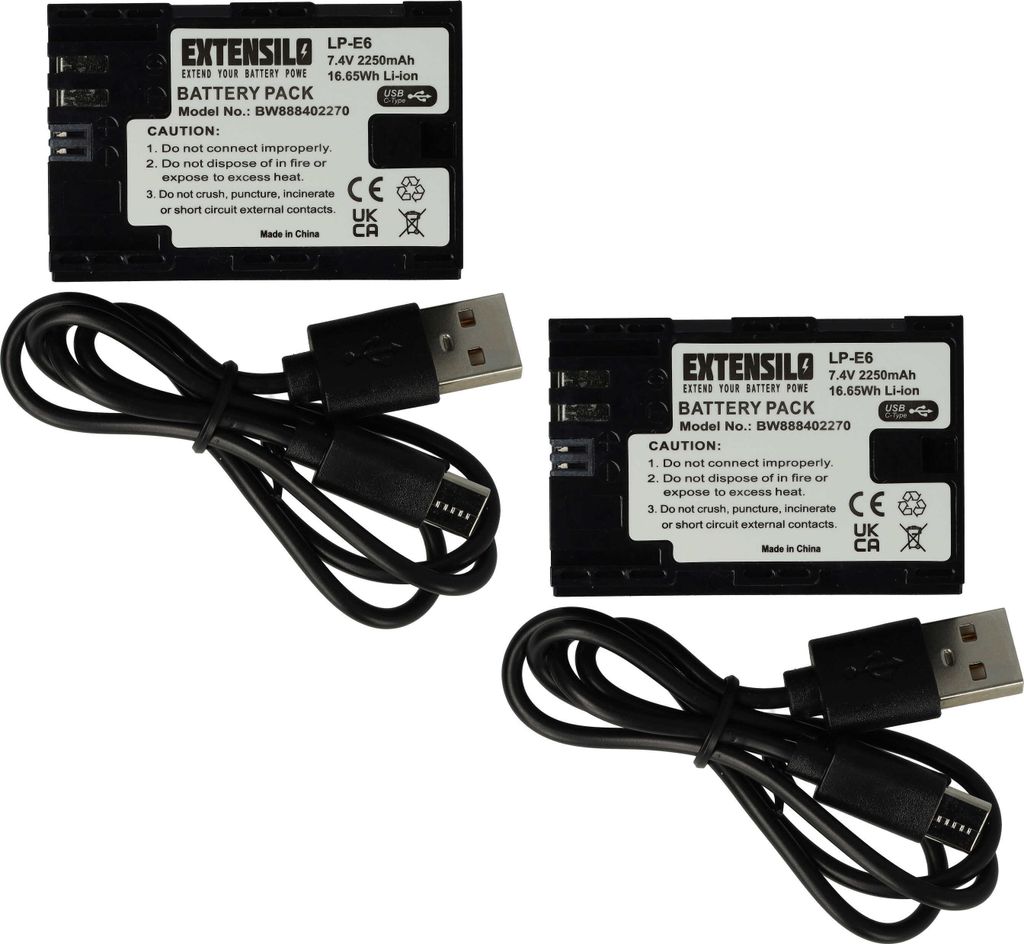 EXTENSILO 2x Akku kompatibel mit Canon EOS 80D, R5, R6, 7D Mark II, 70D, 90D, R, 6D Mark II, R5 C, 7D Kamera (2250 mAh, 7,4 V, Li-Ion), USB-C Buchse