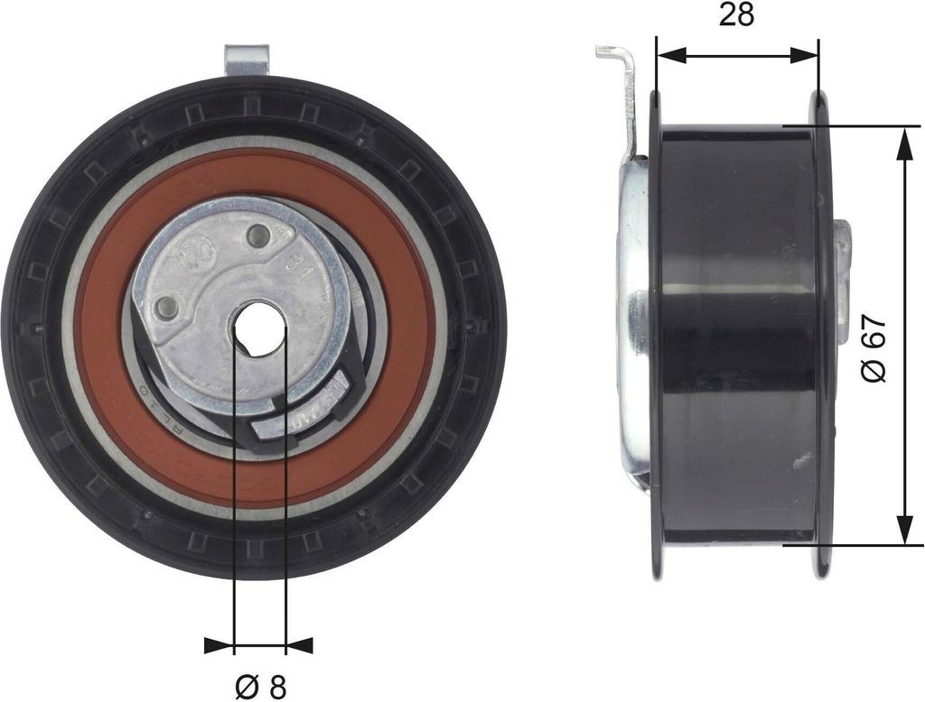 GATES T43052 Spannrolle Zahnriemen Ø67mm für VW Lupo (6X1, 6E1) POLO (6N2) Polo Schrägheck (6N1) Caddy II Pickup (9U7) für SKODA FELICIA II (6U1)