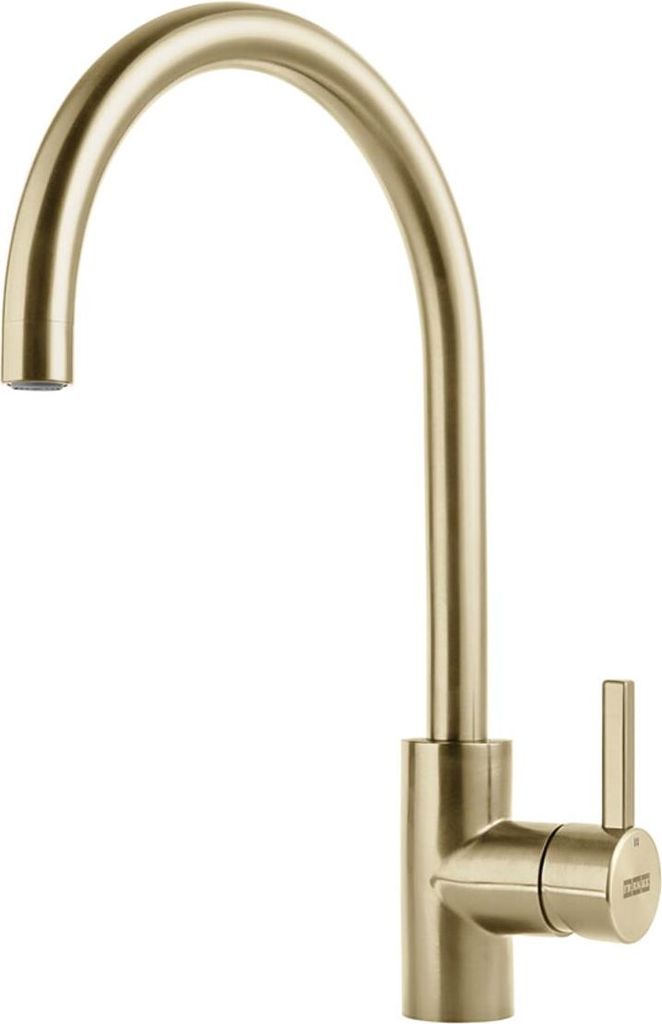 A close-up studio shot of a gold kitchen faucet against a white background.