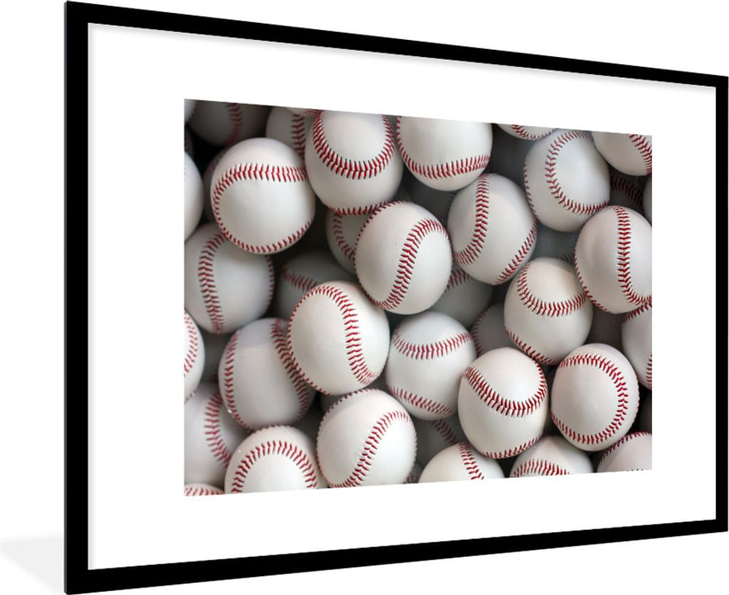 MuchoWow Gerahmtes Poster Viele Baseballs übereinander gestapelt 90x60 cm - Poster mit Schwarzem Bilderrahmen Wandposter Rahmen Foto Bilder - Wa...