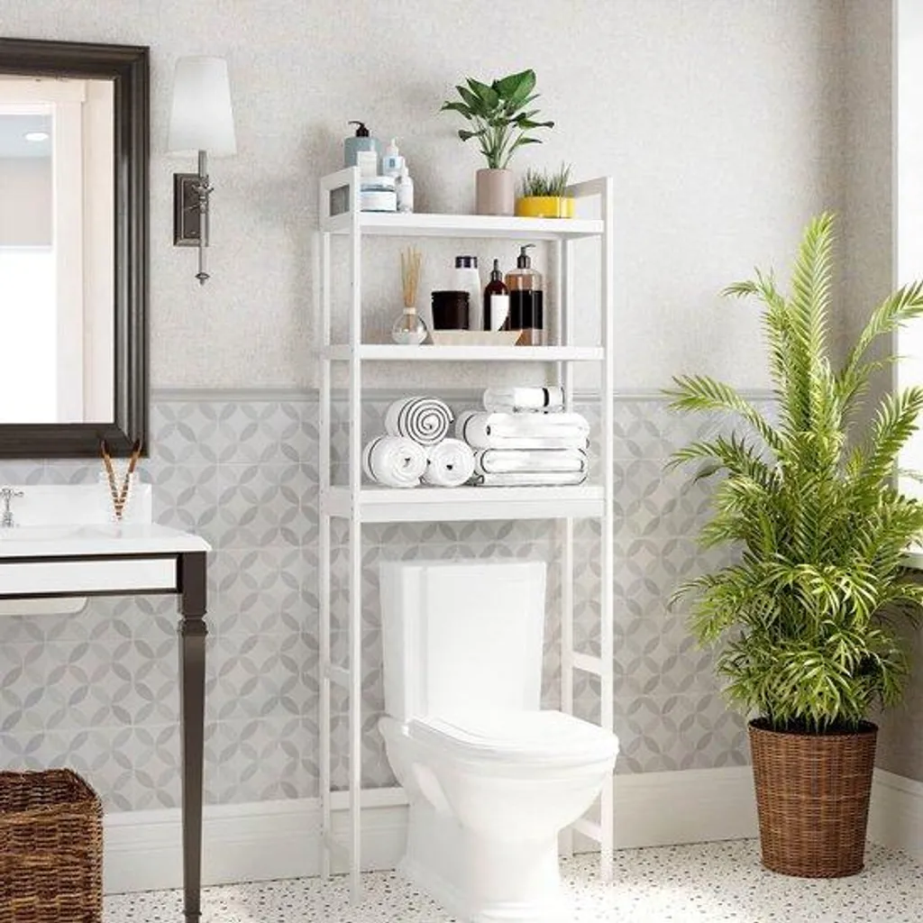 Meuble de rangement pour buanderie en bambou blanc avec une tablette