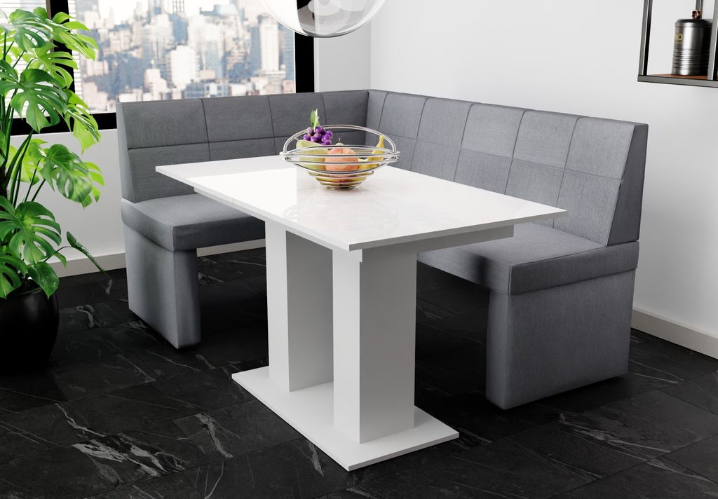 Eckbankgruppe 168x128 cm BLAKE R Stoff Soro Grau / Esstisch DANTE Weiß HGL