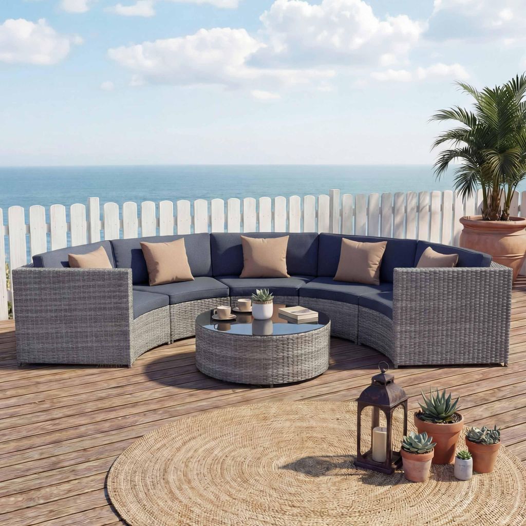 Poly-Rattan Garnitur rund MCW-E17, Garten-Set Sitzgruppe grau, Polster dunkelgrau, Kissen beige