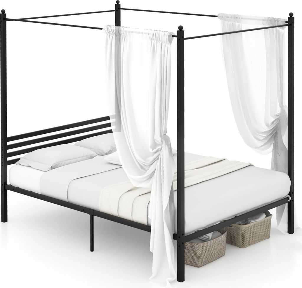 Doppelbett mit Baldachin, hochbelastbarer Metallbettrahmen mit 4-Poster, Plattformbett mit Metalllatten, kein Boxspring erforderlich, schwarz