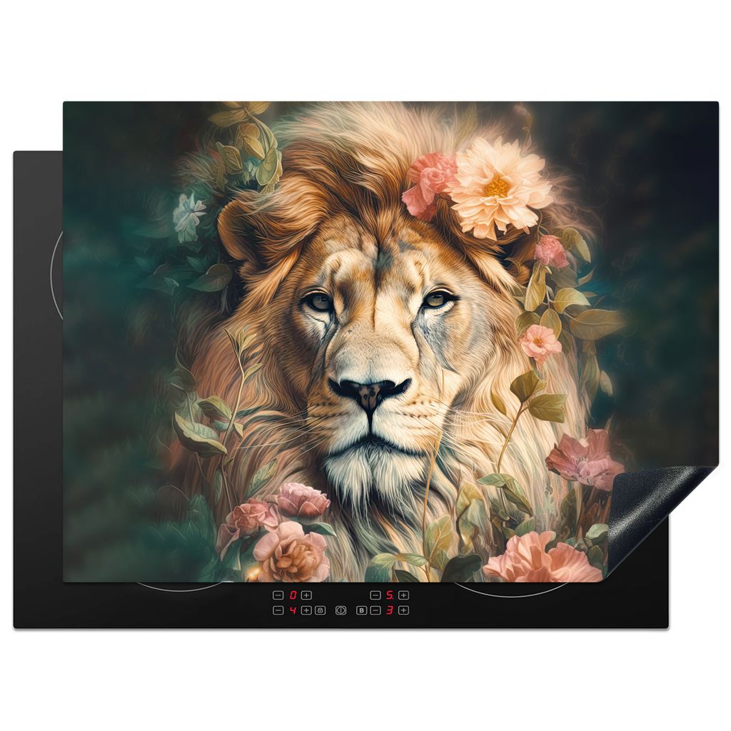 KitchenYeah Herdabdeckplatte Löwe - Löwenkopf - Wilde Tiere - Blumen , 70x52cm, Küche Deko, Glaskeramikkochfeld Herdabdeckung, Abdeckplatte f...
