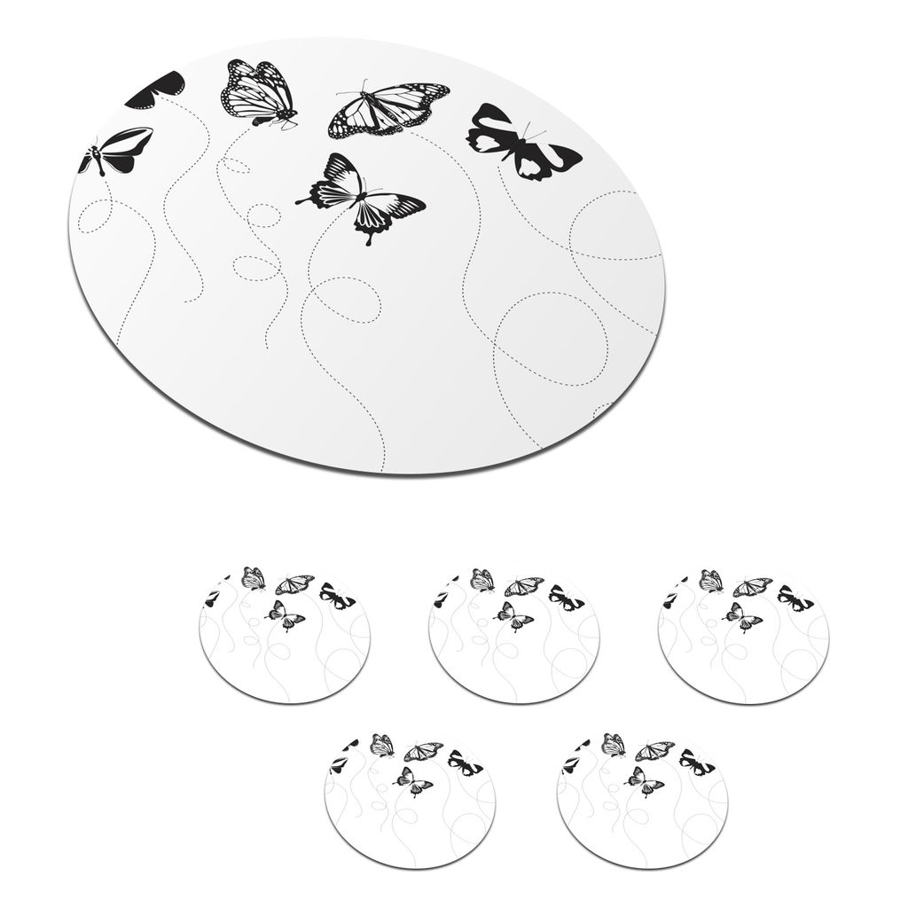KitchenYeah Glasuntersetzer Rund 6er Set Eine schwarz-weiße Illustration von Schmetterlingen 10x10 cm Untersetzer für Gläser - Getränkeunter...