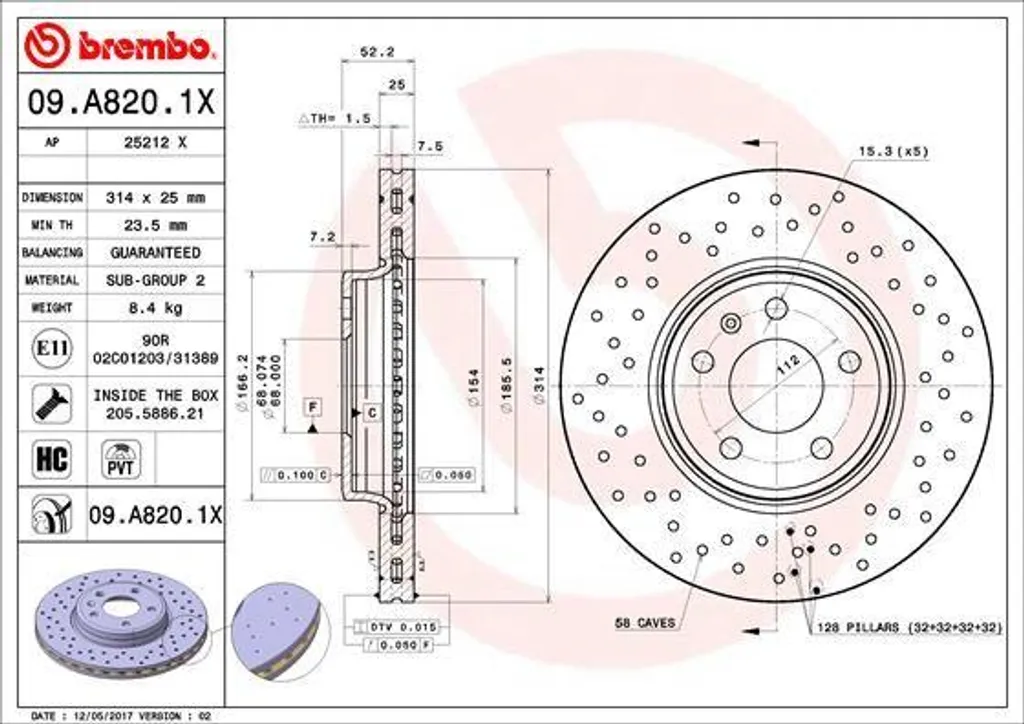Disque de Frein pour Audi A4 B8 et B9 Brembo 09.A820.1X Qualité Origine