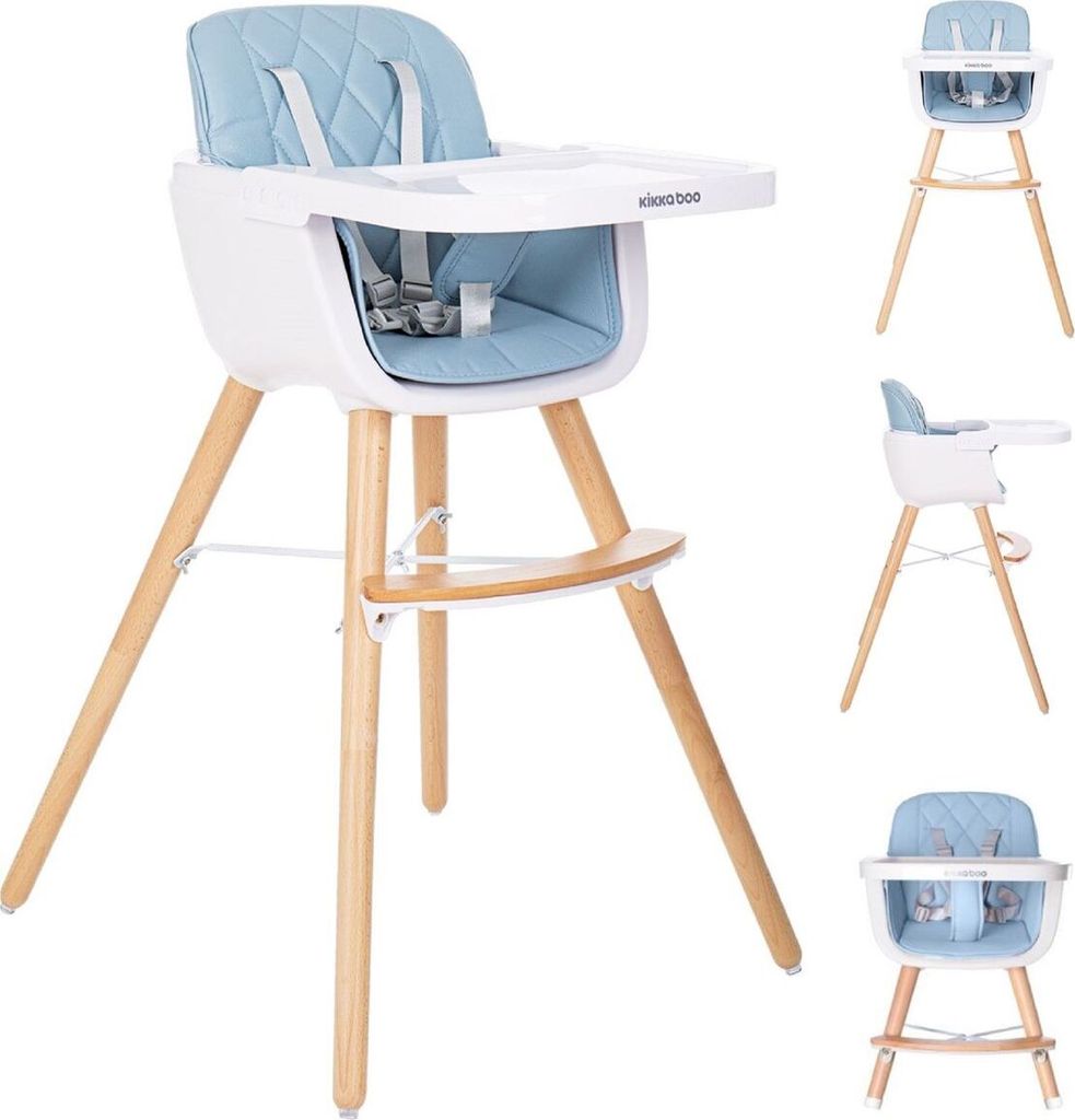 Kikkaboo, Kinderhochstuhl 2 in 1 Woody, Kinderstuhl, Tisch verstellbar, Gurt blau