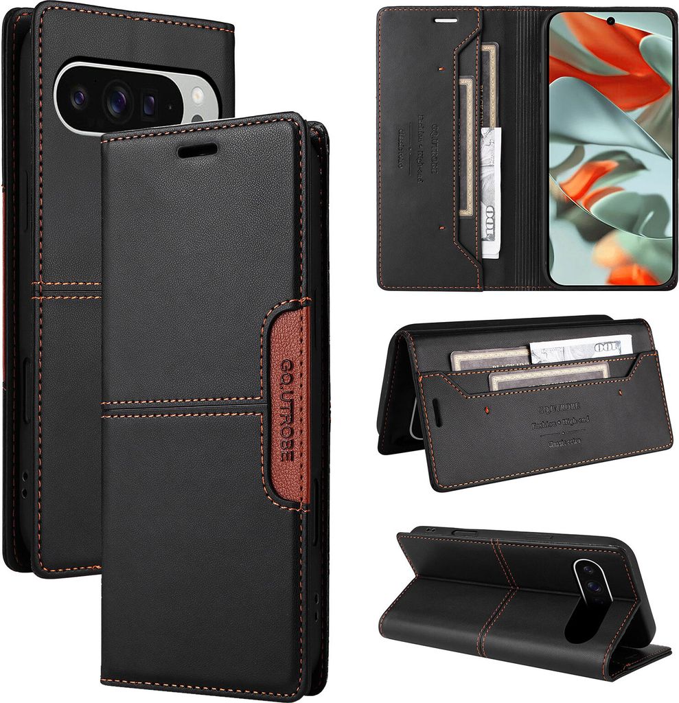 Handyhülle für Google Pixel 9 Pro XL Hülle, Leder Flip Wallet Kartenfach Stand Schutzhülle Schwarz