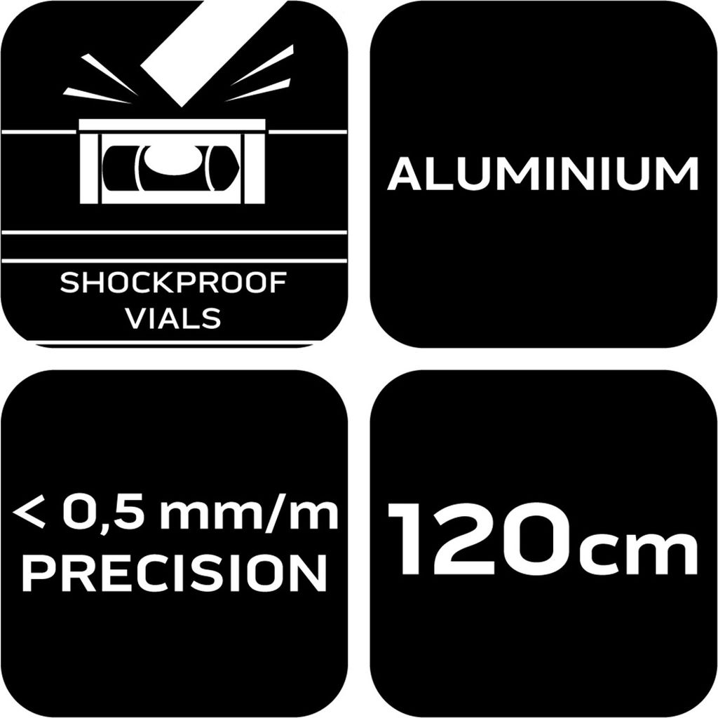 NEO TOOLS Wasserwaage Aluminium, 0,5 mm/m 40, 60, 80, 100, 120, 150, 200 cm Wasserwaage mit Anti-Schock-Aufsatz - 120 cm